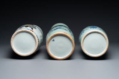 A Chinese famille rose vase and two celadon-ground blue and white vases, 19th C.