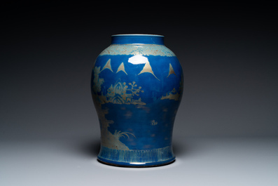A Chinese gilt-decorated powder-blue vase with landscape design, Qianlong/jiaqing