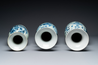 Three Chinese celadon-ground blue and white vases and two famille rose jars, 19/20th C.