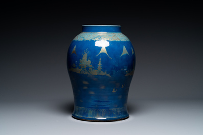 A Chinese gilt-decorated powder-blue vase with landscape design, Qianlong/jiaqing