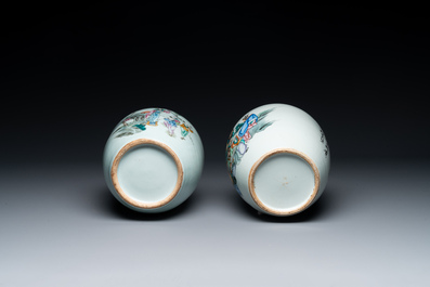 Three Chinese celadon-ground blue and white vases and two famille rose jars, 19/20th C.