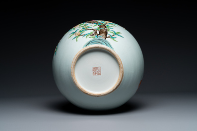 A Chinese famille rose relief-molded 'tianqiuping' vase with nine peaches, Qianlong mark, 19/20th C.