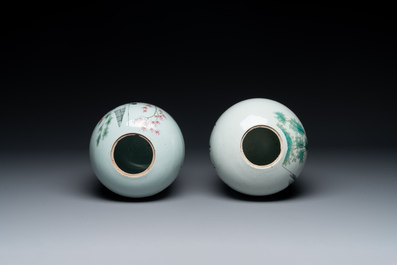 Three Chinese celadon-ground blue and white vases and two famille rose jars, 19/20th C.