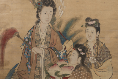 Chinese school: 'Presenting peaches to Xiwangmu', ink and colour on silk, 19th C.