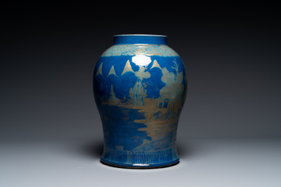 A Chinese gilt-decorated powder-blue vase with landscape design, Qianlong/jiaqing