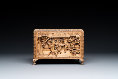 A Chinese Canton carved wooden casket with a famille rose plaque, Republic