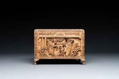 A Chinese Canton carved wooden casket with a famille rose plaque, Republic