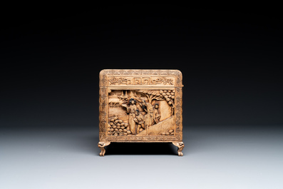 A Chinese Canton carved wooden casket with a famille rose plaque, Republic