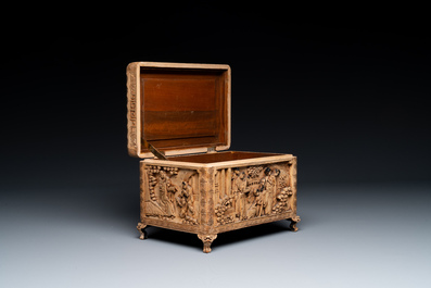 A Chinese Canton carved wooden casket with a famille rose plaque, Republic