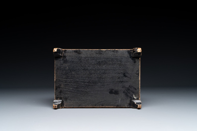 A Chinese Canton carved wooden casket with a famille rose plaque, Republic