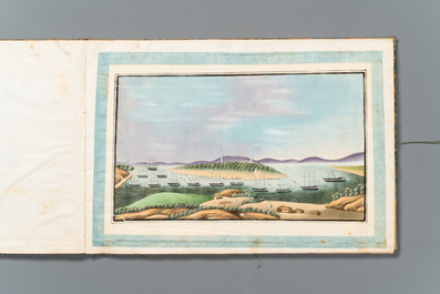 Een zeldzaam album met Chinese rijstpapier schilderingen van 'Hong' zichten, figuren en schepen, Canton, Foekhing New Street No. 1, 19/20e eeuw
