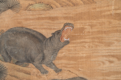 Shen Quan 沈铨 (1682-1760): 'Animals by the mountain', ink and colour on silk, dated 1728