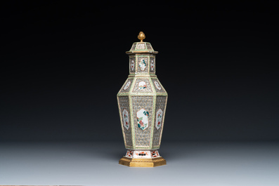 A hexagonal Chinese famille rose vase and cover with gilt bronze mounts, Qianlong