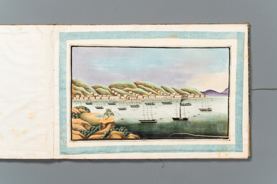 Een zeldzaam album met Chinese rijstpapier schilderingen van 'Hong' zichten, figuren en schepen, Canton, Foekhing New Street No. 1, 19/20e eeuw