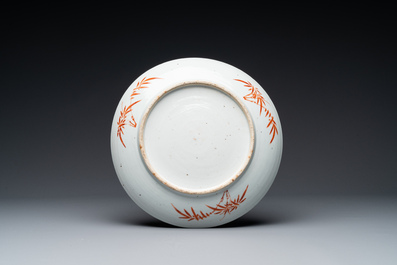 A Chinese famille verte dish, a famille rose basin and a dish, 19th C.