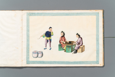 Een zeldzaam album met Chinese rijstpapier schilderingen van 'Hong' zichten, figuren en schepen, Canton, Foekhing New Street No. 1, 19/20e eeuw