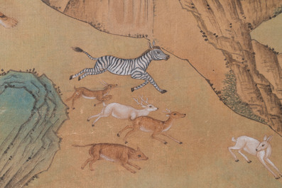 Shen Quan 沈铨 (1682-1760): 'Animals by the mountain', ink and colour on silk, dated 1728