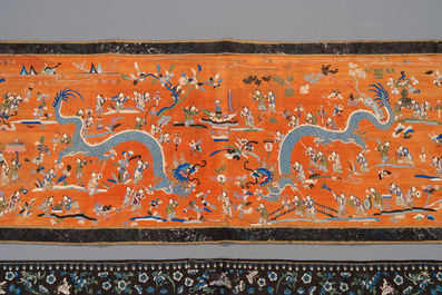 Two Chinese embroidered silk cloths with 'hundred boys' and 'birds and flowers' design, 19th C.