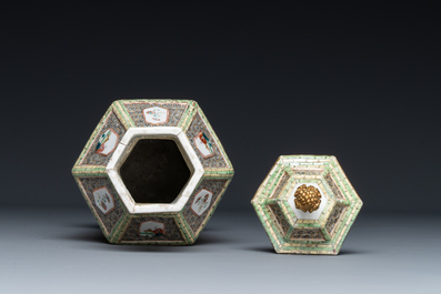 A hexagonal Chinese famille rose vase and cover with gilt bronze mounts, Qianlong