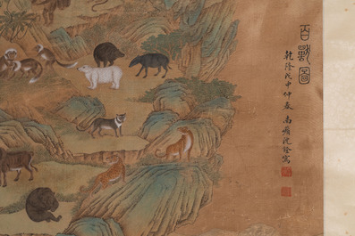 Shen Quan 沈铨 (1682-1760): 'Animals by the mountain', ink and colour on silk, dated 1728