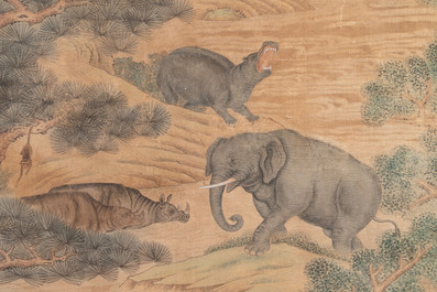 Shen Quan 沈铨 (1682-1760): 'Animals by the mountain', ink and colour on silk, dated 1728