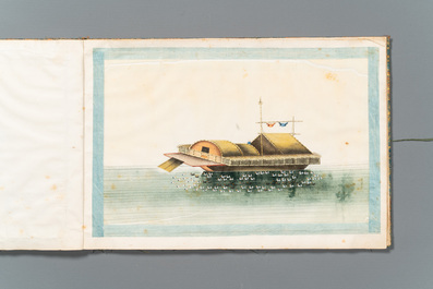 Een zeldzaam album met Chinese rijstpapier schilderingen van 'Hong' zichten, figuren en schepen, Canton, Foekhing New Street No. 1, 19/20e eeuw