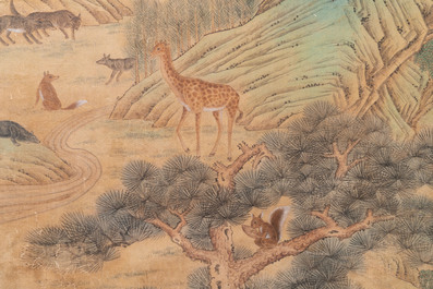 Shen Quan 沈铨 (1682-1760): 'Animals by the mountain', ink and colour on silk, dated 1728