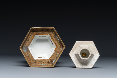 A hexagonal Chinese famille rose vase and cover with gilt bronze mounts, Qianlong