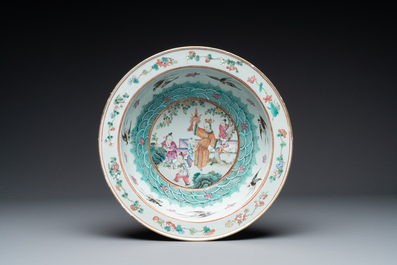 A Chinese famille verte dish, a famille rose basin and a dish, 19th C.