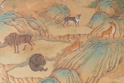 Shen Quan 沈铨 (1682-1760): 'Animals by the mountain', ink and colour on silk, dated 1728