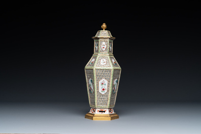 A hexagonal Chinese famille rose vase and cover with gilt bronze mounts, Qianlong