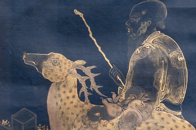 Yu Zhiding 禹之鼎 (1647-1716): 'Shoulao meets female deities', gold and silver ink on indigo paper, dated 1696