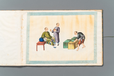 Een zeldzaam album met Chinese rijstpapier schilderingen van 'Hong' zichten, figuren en schepen, Canton, Foekhing New Street No. 1, 19/20e eeuw