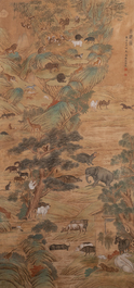 Shen Quan 沈铨 (1682-1760): 'Animals by the mountain', ink and colour on silk, dated 1728