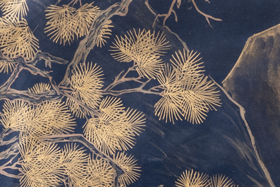 Yu Zhiding 禹之鼎 (1647-1716): 'Shoulao meets female deities', gold and silver ink on indigo paper, dated 1696