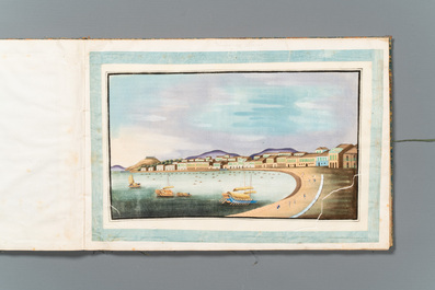 Een zeldzaam album met Chinese rijstpapier schilderingen van 'Hong' zichten, figuren en schepen, Canton, Foekhing New Street No. 1, 19/20e eeuw