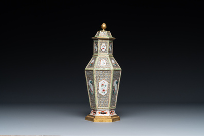 A hexagonal Chinese famille rose vase and cover with gilt bronze mounts, Qianlong