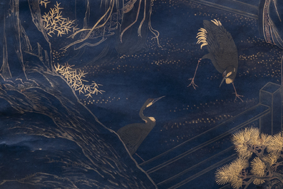 Yu Zhiding 禹之鼎 (1647-1716): 'Shoulao meets female deities', gold and silver ink on indigo paper, dated 1696