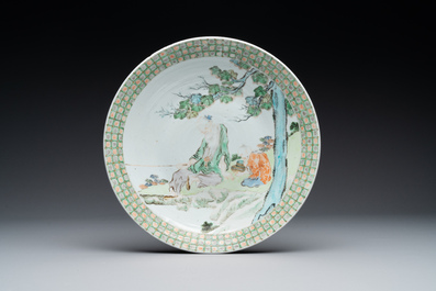 A Chinese famille verte dish, a famille rose basin and a dish, 19th C.