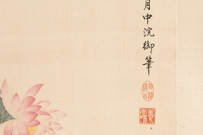 Chinese school: 'Lotus', ink and colour on paper, Cixi seal mark, 19/20th C.
