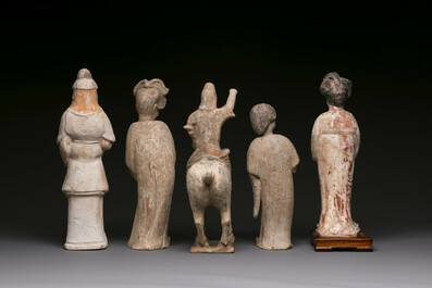 Five various Chinese painted terracotta figures, Tang