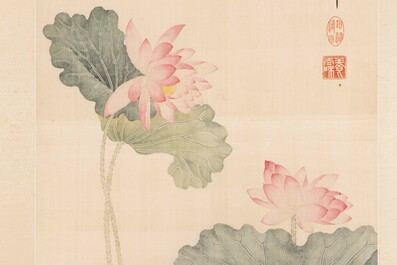 Chinese school: 'Lotus', ink and colour on paper, Cixi seal mark, 19/20th C.