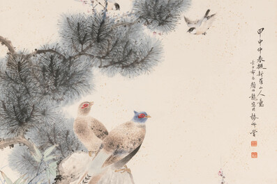 Yan Bolong 顏伯龍 (1898-1955): 'Pheasants under the pine tree', ink and colour on paper, dated 1944