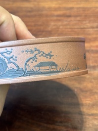 A Chinese blue-enameled Yixing stoneware box and cover with a mountainous landscape, 18/19th C.