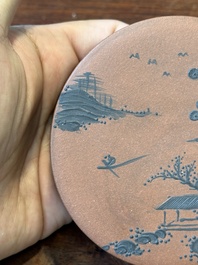 A Chinese blue-enameled Yixing stoneware box and cover with a mountainous landscape, 18/19th C.