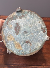A rare Chinese archaic silver-inlaid bronze cosmetic box and cover, 'lian', Western Han