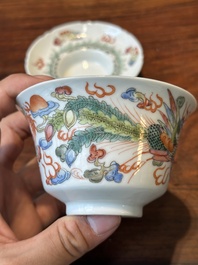 Four Chinese famille rose covered bowls, three with saucers and a 'dragon' bowl, signed Wang Darong 王大榕, 19/20th C.