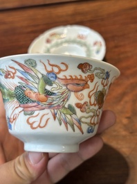 Four Chinese famille rose covered bowls, three with saucers and a 'dragon' bowl, signed Wang Darong 王大榕, 19/20th C.