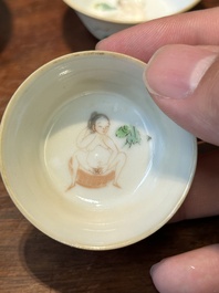 Een zeldzame set van tien Chinese famille rose kommen in oplopend formaat met erotisch decor, Daoguang merk en periode