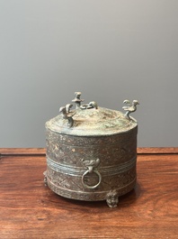 A rare Chinese archaic silver-inlaid bronze cosmetic box and cover, 'lian', Western Han